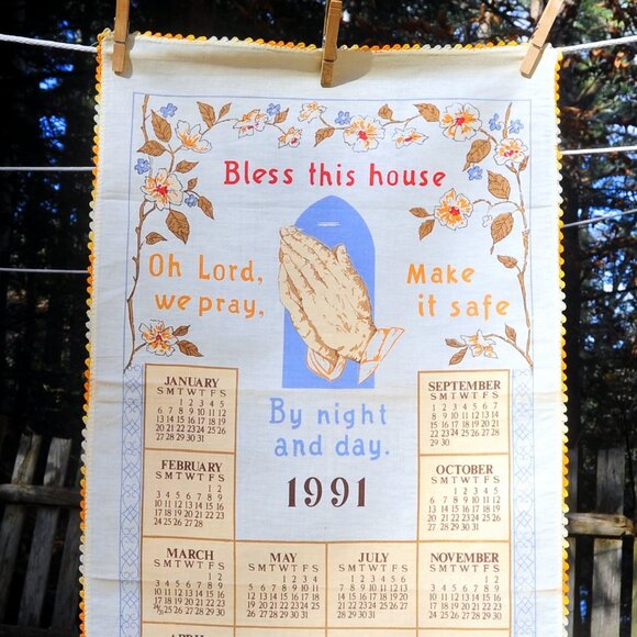 VTG 1991 Calendar Towel Bless this House Prayer & Praying Hands Crochet Edge - Picture 2 of 7